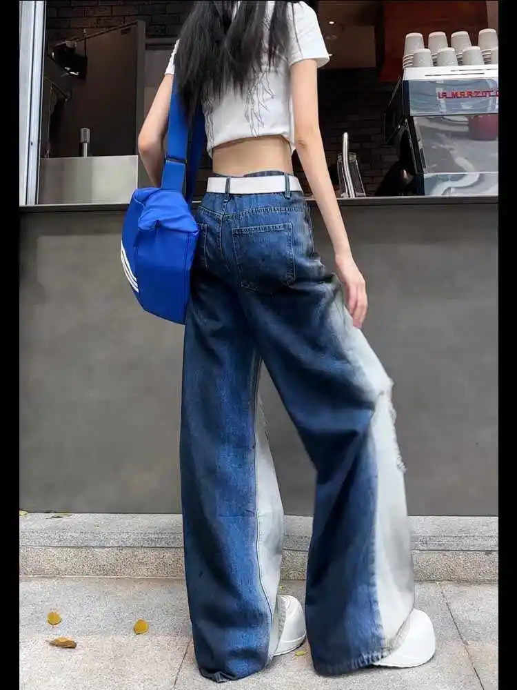 Blue Jeans Women American Style 90s Vintage High Waisted Straight Trouser Streetwear Casual Loose Wide Leg Denim Pants 250530