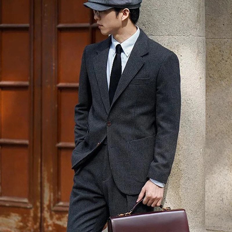 Retro British Houndstooth Plaid Slim Wool Suit Spring and Autum Thickeneded Tweed Casual Suit Jacket for Men 250527