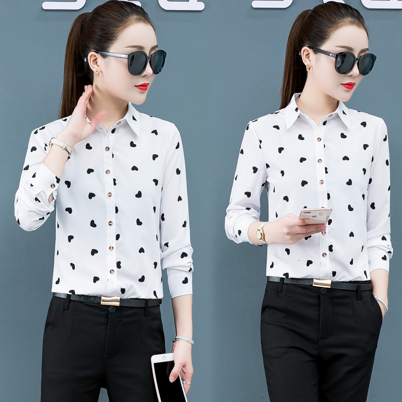 Spring and autumn new printing yellow red white shirt womens long sleeved chiffon blouse womens Korean slim 210315