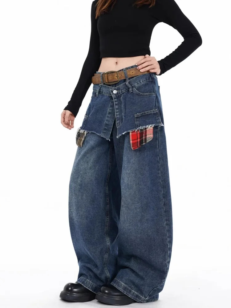 Ropa Y2K Streetwear Plaid Patchwork Baggy Stacked Jeans Pants For Women Clothing Vintage Blue Wide Leg Lady Denim Trousers 250530
