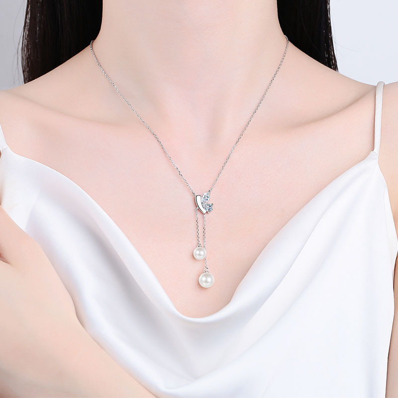925 sterling silver necklace for women with moissanite and freshwater pearls PT950 gold plated elegant minimalist clavicle chain