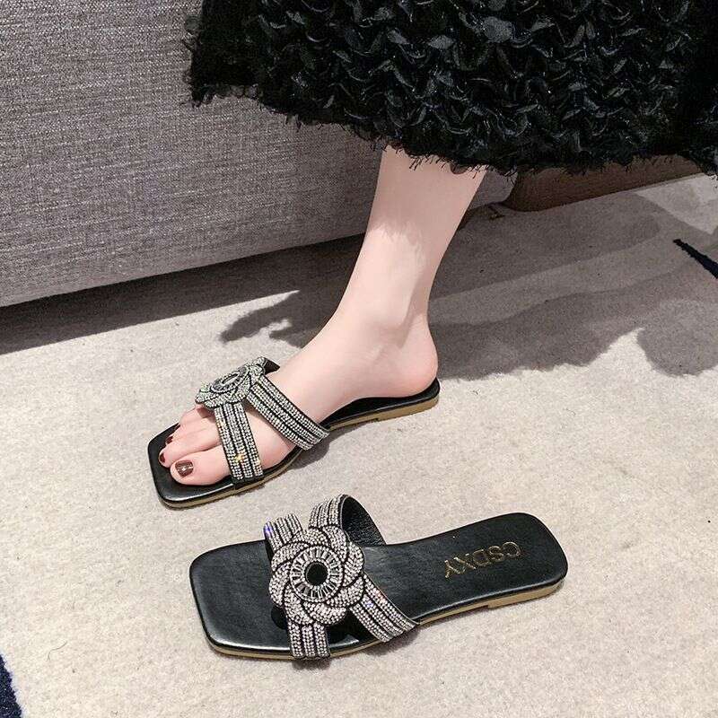 Large Size Shiny Diamond Slippers For Women In Summer 2025 New Water Diamond Flat Slippers For Beach Women Designer Sandals Free Shipping
