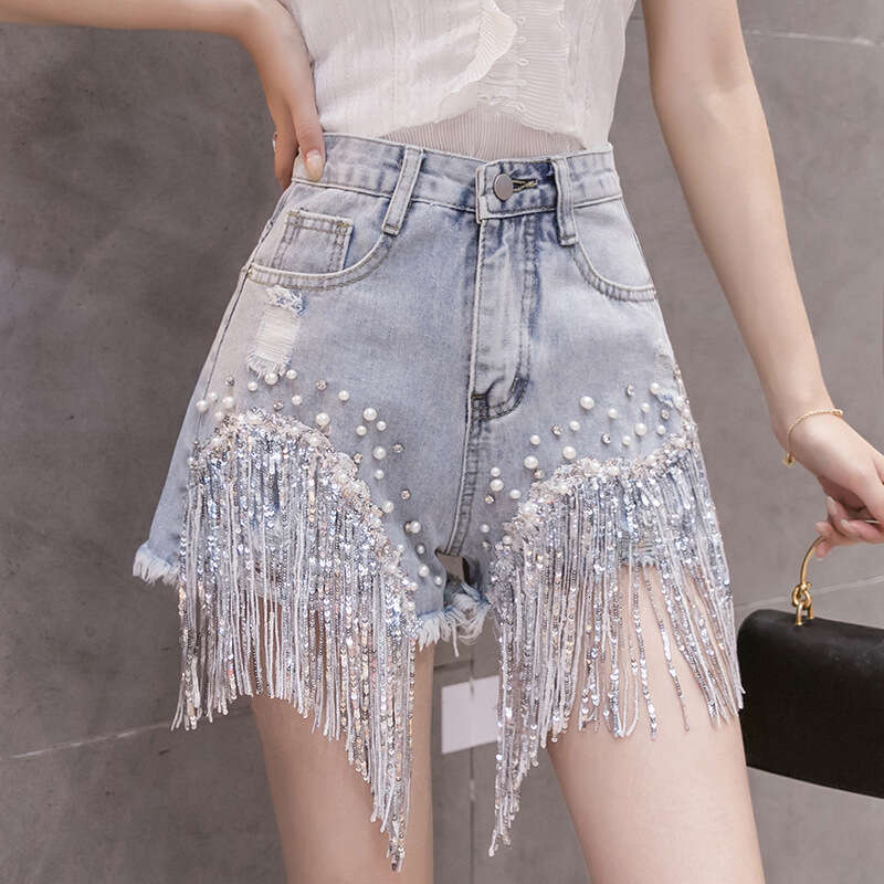 Shorts Women Denim Shorts Summer New Denim Shorts For Women Internet Celebrity Style High Waist Rhinestone Embellished Heavy Tassel Line Wide Leg Tren