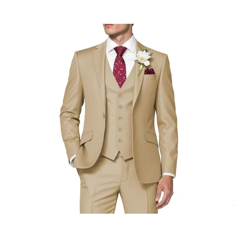 Mens 3-Piece Suit Slim Fit Business Wedding Groomsmen Prom Suits One Button Blazer Jacket Vest Trousers Tuxedo Set 250527