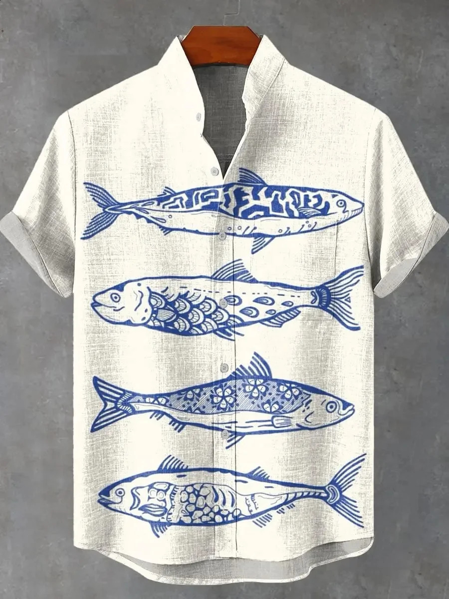 print retro style mens fish print casual linen comfortable fabric button-down short sleeve shirt 250529 - view 7