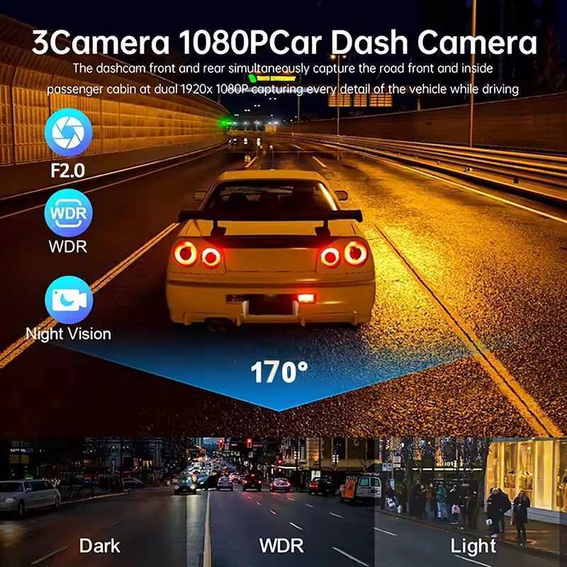 Car dvr Dash Cam Car dvr 1080P Dashcam for car surveillance camera Automobiles 3 Lens Front Rear Interior Vehicle Video Drive Recorder R250529