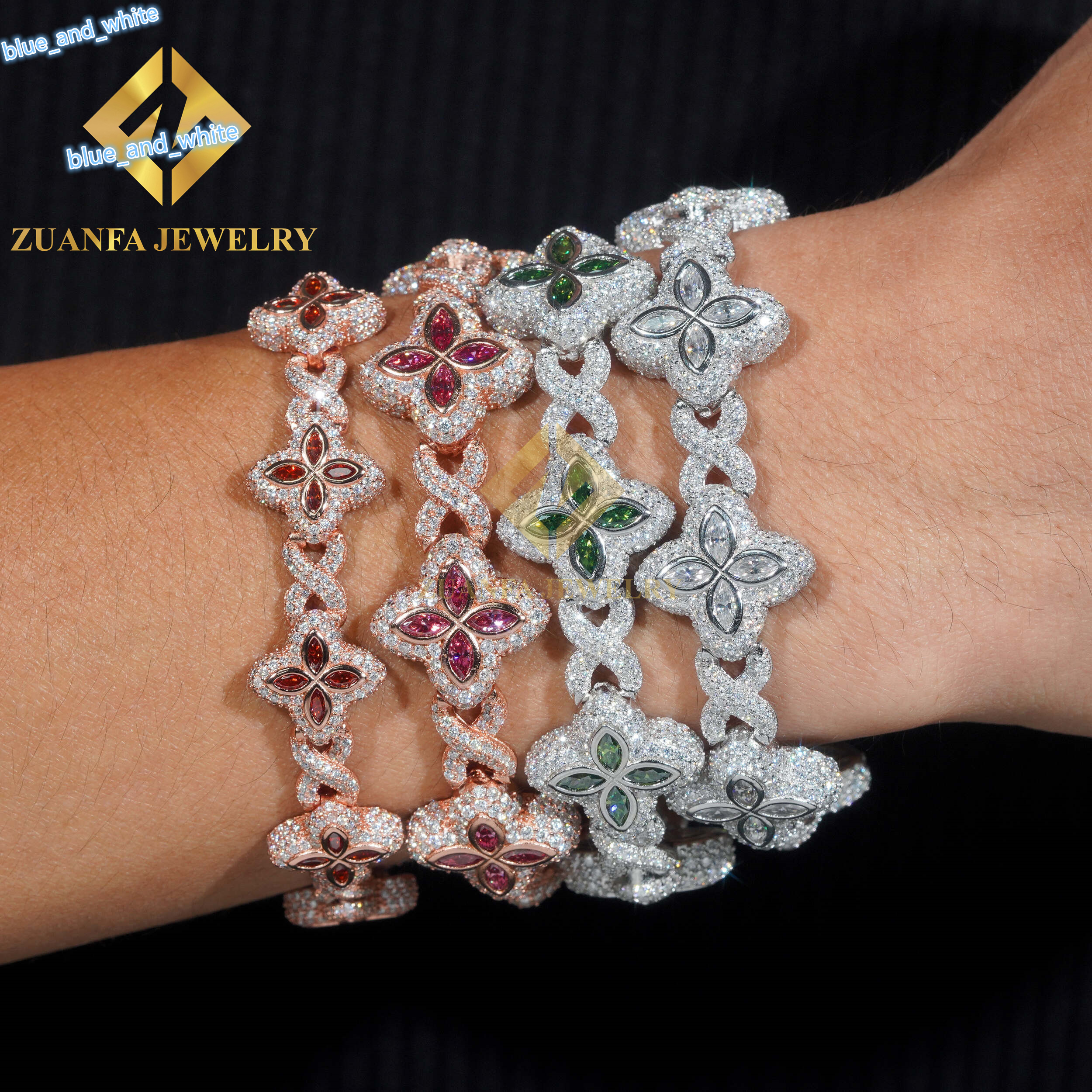 Fine Jewelry Luxury Flower New Fashion Clover Cuban Bracelets Sterling Silver 925 Gold Plated Moissanite Cuban Chains