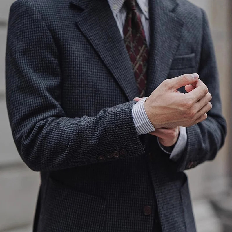 Retro British Houndstooth Plaid Slim Wool Suit Spring and Autum Thickeneded Tweed Casual Suit Jacket for Men 250527