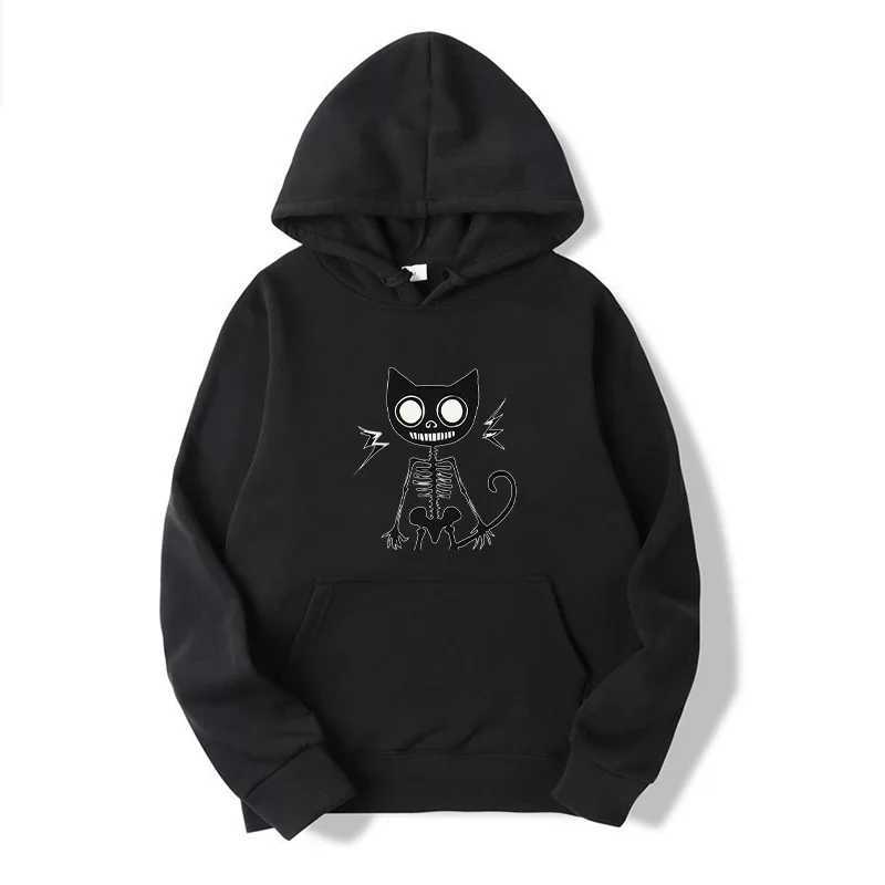 Spring and Autumn Mens Cat Skeleton Printed Hoodies Loose Sweatshirts Male Sportswear Fashion Pullovers Top W250530