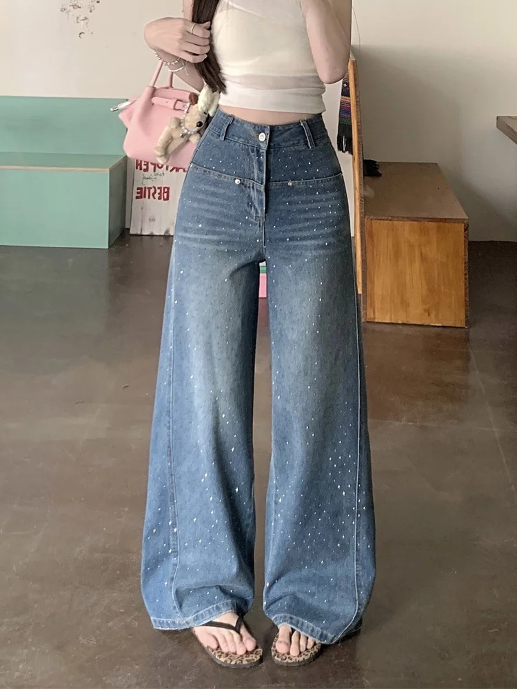 Y2K Fashion Fix Rhinestone Blue Baggy Jeans Pants For Women Clothing Wide Leg Lady Denim Trousers for Women 250530