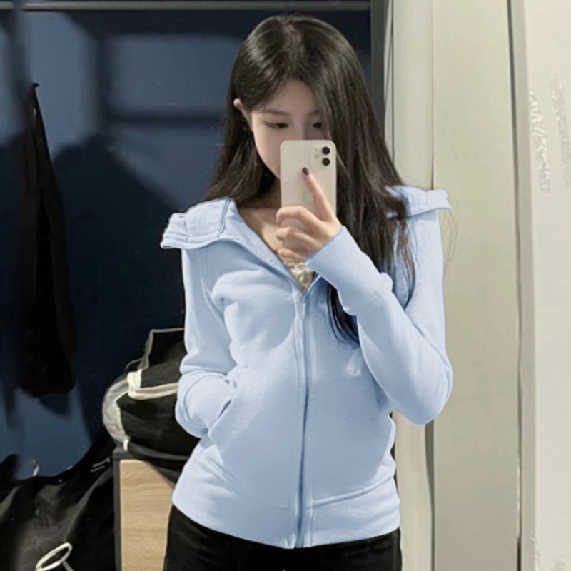 XX1909 Cardigan slim fit sweater jacket for women spring and autumn style stand collar waist thin fleece lining top