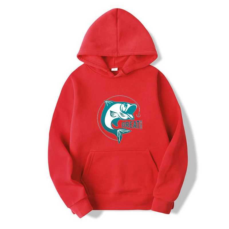 Men Hoodies Cute Fishing Printed Pullover Cartoon Long Sleeve Hooded Sweatshirt Casual Outdoor Great Catch Letter Sweatshirts W250530