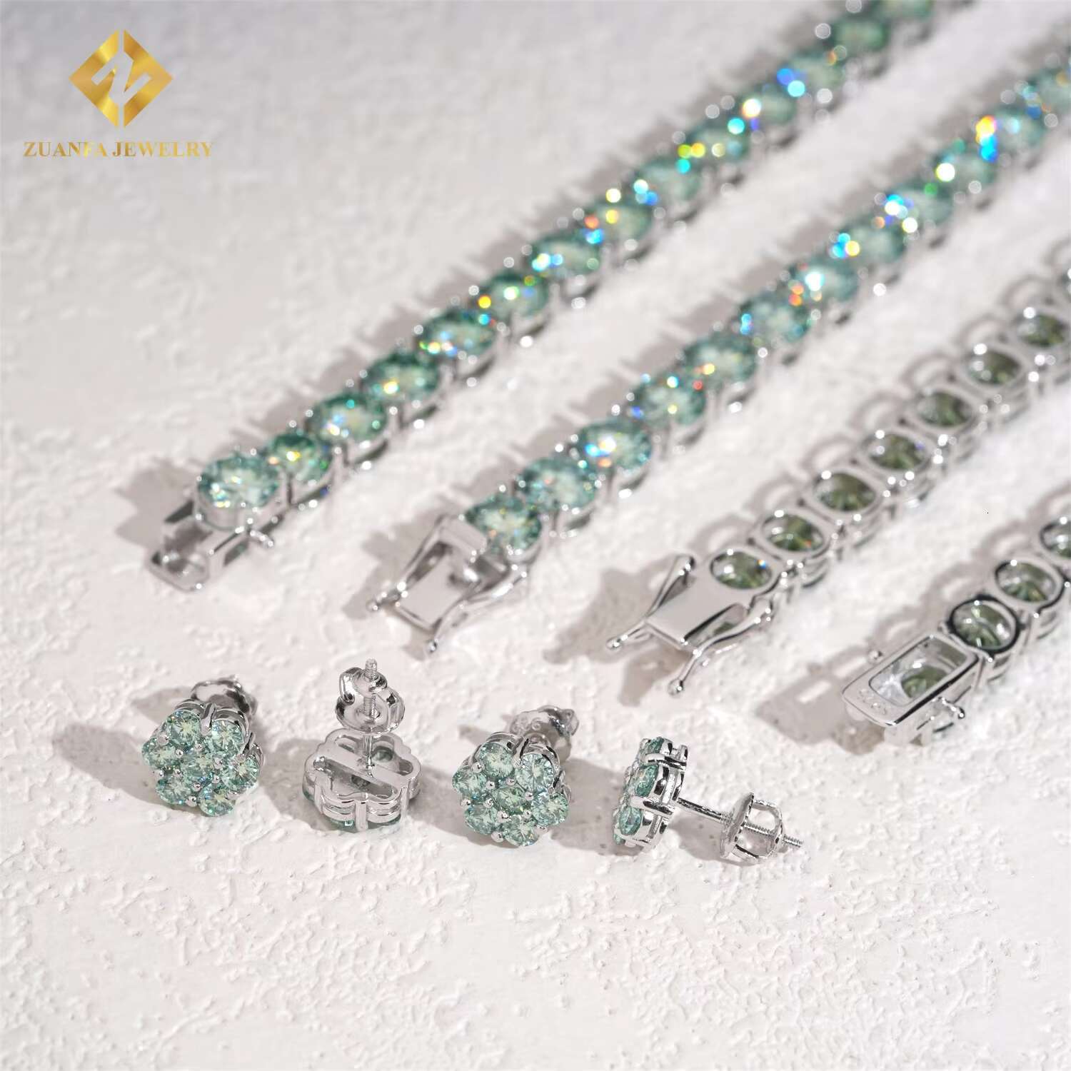 Ready Shipping 6.5mm Blue Green Moissanite Tennis Necklace with Earring Set Fashion 925 Silver Iced Out Moissanite Tennis Chain
