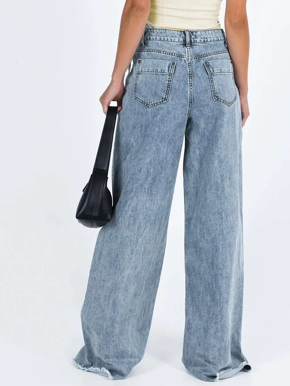 Loose Baggy Jeans Fashion Women Solid Elastic Waist Pocket Y2K Retro Denim Pants Elegant Office Lady Commute Trousers 250530