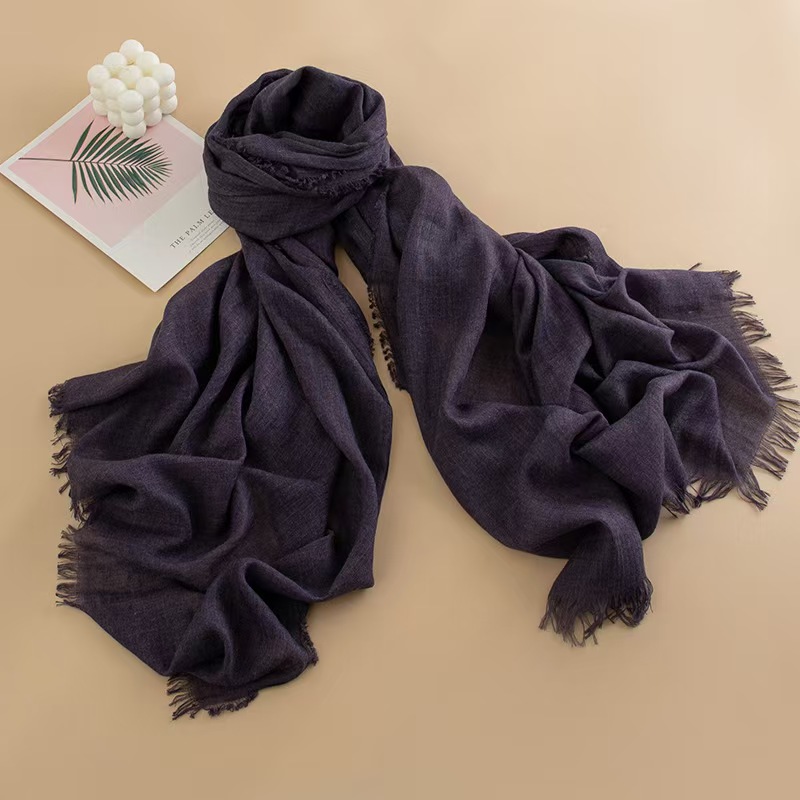 T843 solid color cotton and linen scarf for women autumn and winter thin long gauze scarf versatile sunscreen commuting simple fur edge scarf