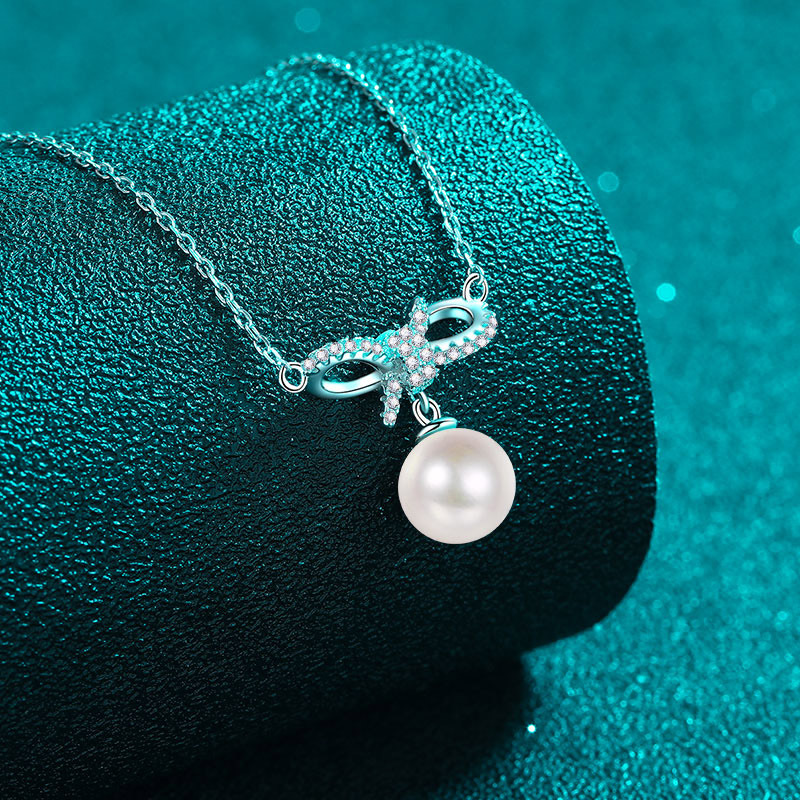 925 Sterling Silver Moissanite Pearl Bow Collarbone Necklace Minimalist Sweet Cute Girl Pendant