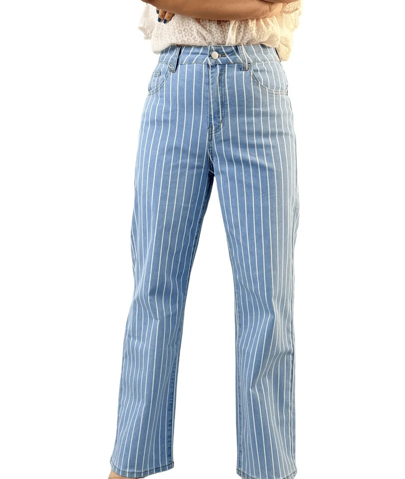 Fashionable Casual Womens Jeans With Blue And White Stripes n Cinched Waist Wide Legs Breathable Comfortable 250530