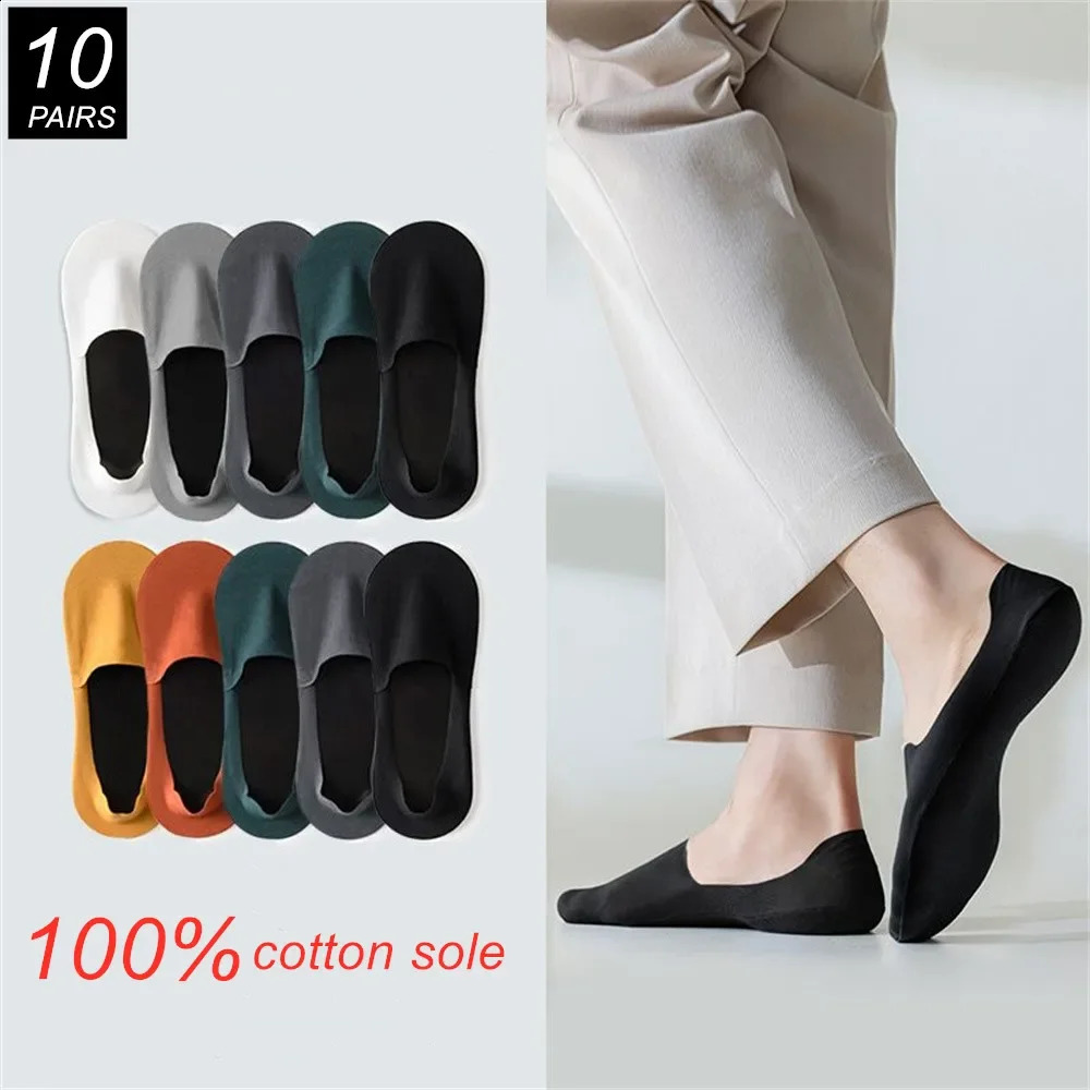 10Pairs Ice Silk Instepcotton Sole Mens Summer Ice Silk Boat Socks Anti Slip Male Ankle Socks Low Cut Invisible Calcetines 250526