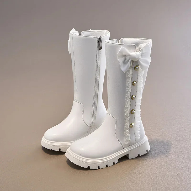 Children High Boots for Girls Winter Chic Beading Sweet Bowtie Anti-slippery Elegant Lace Anti-slippery Leather Shoes 250527