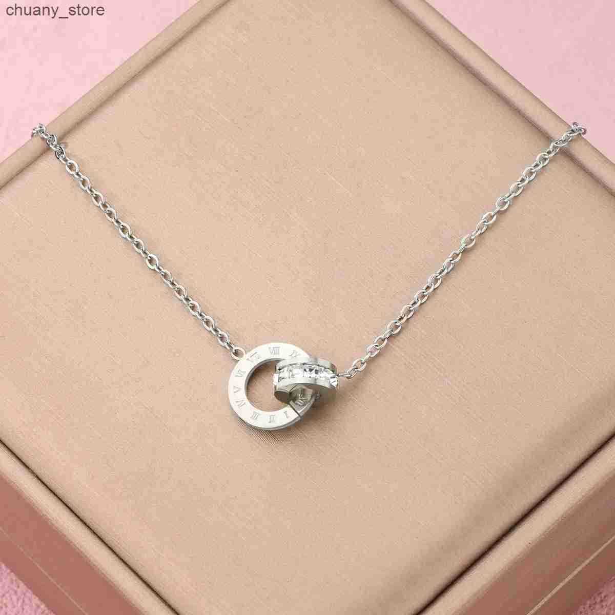 1 Piece New Creative Roman Digital Zircon Pendant Necklaces for Women Popular double ring hollow round stainless steel necklace z250530ZKQ0