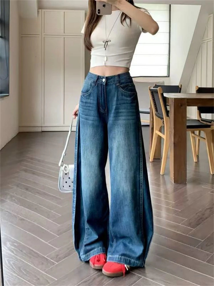Womens Button n High Waisted Summer Blue Jeans Street Style Wide Legs Trousers Cool Girl Casual Bottoms Female Denim Pants 250530