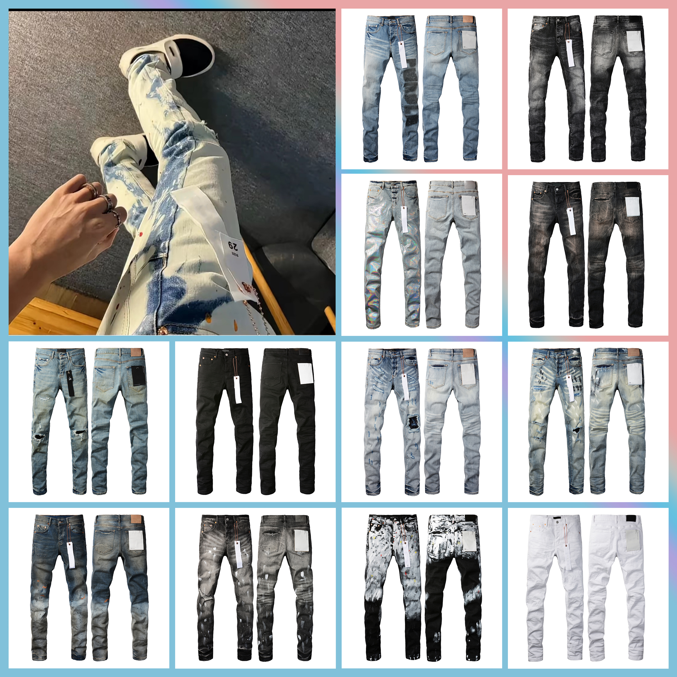 designer jeans mens jeans High quality Fashion wash tvintage ripped straight leg mens jeans personality street jeans purpl Jean size 28-40 Jean