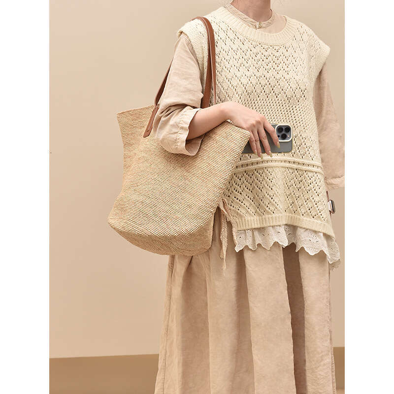 Tote Bag Leather Bag Spring Summer Holiday Straw Woven First Layer Cowhide Strap Beach Large Capacity Tote Single Shoulder Casual Women S Bag Shoulder