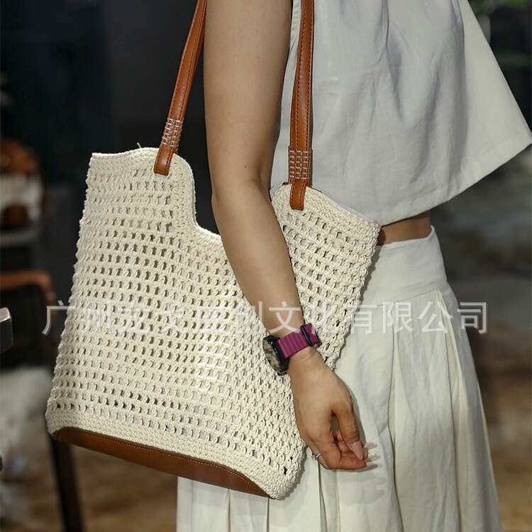 Tote Bag Leather Bag Genuine Leather Underarm Summer High Value Beach Outing Straw Woven Handmade Commuting Large Capacity Tote Bag Shopping Shoulder 