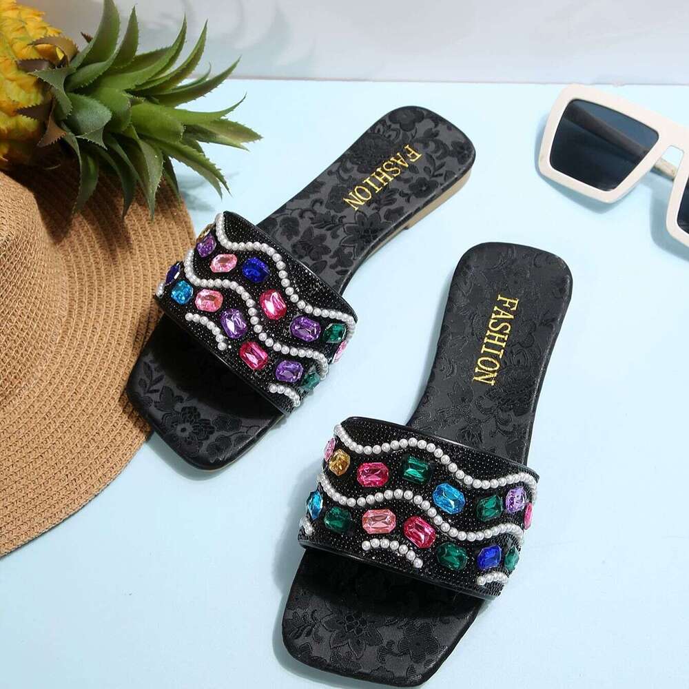 Designer Sandals Diamond Large Beach Slippers 2025 Summer New Style Outerwear Women's Straw Square Head One Word Casual Cool Straw Free Shipping