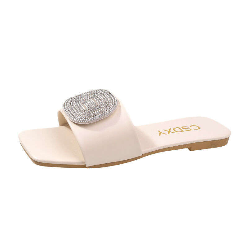 2025 Summer New Large Flat Flat Slippers For Women, Diamond Round Buckle, Open Toe, Square Head, Cool Dragging, Wholesale Designer Sandals, Free Shipp