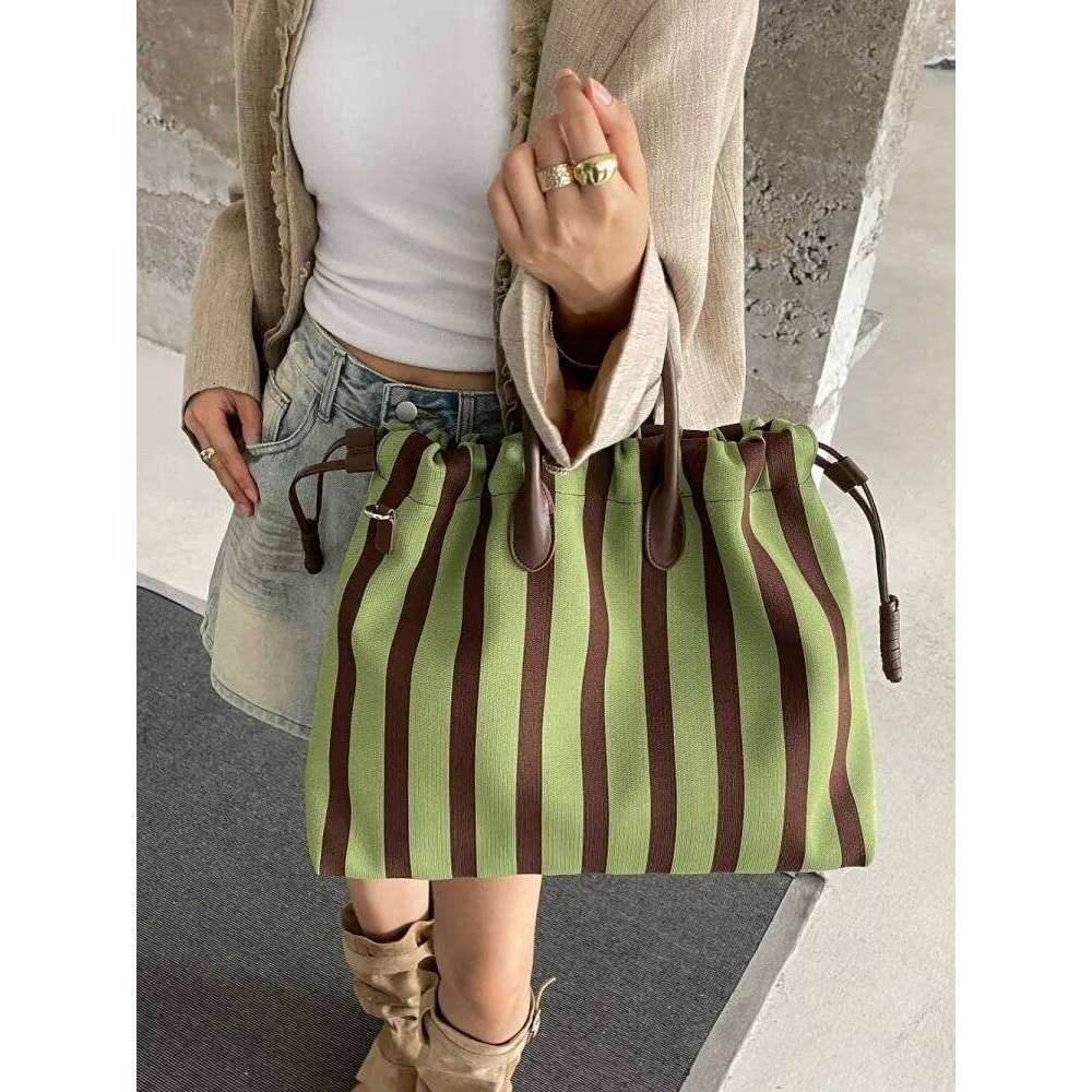 Summer Women Mixed Colors Striped Canvas Large Capacity Totes Handbag Wide Strap Crossbody Bag Casual Shopping Shoulder Bags