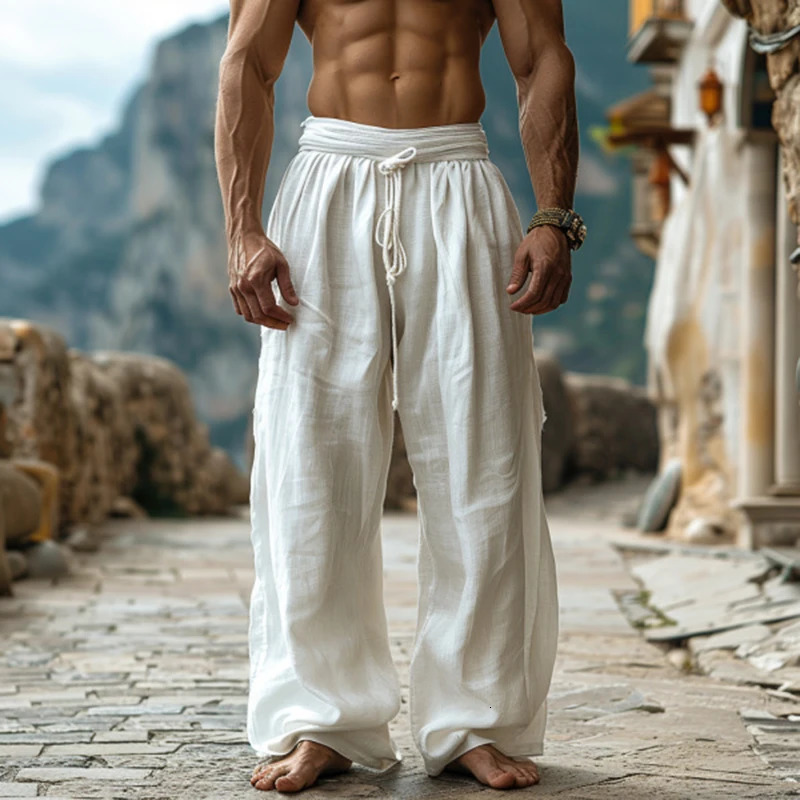 Summer Beach Casual Loose Mens Trousers Vintage Solid Lace-up Drawstring Pants For Men Daily Leisure Breathable Baggy Pants 250527