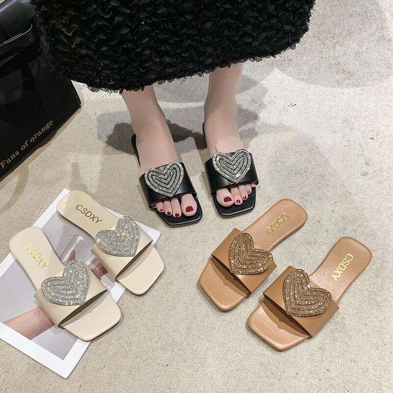 2025 Summer New Fashionable Outerwear Love Slippers For Women, Water Diamond Flat Bottom One Word Beach Sandals, Female Designer Sandals, Free Shippin