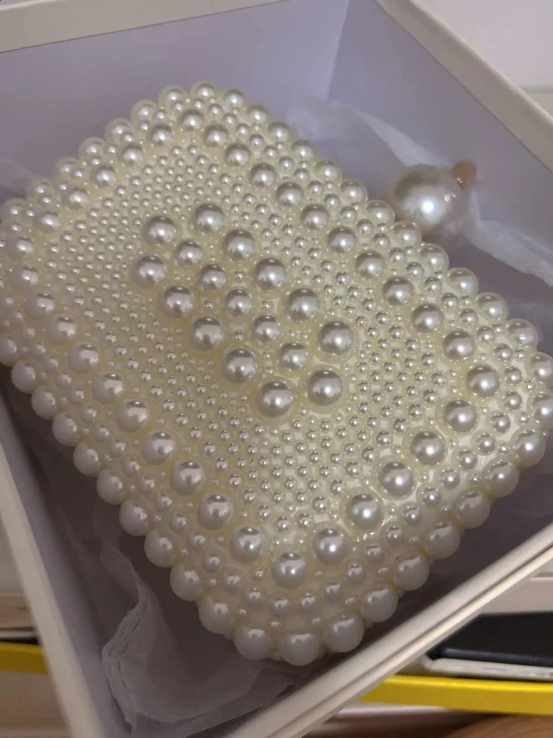 White Pearl Chain Shell Bag Genuine leather Handmade Women Square Clutch Evening Bag Size 15.5*11*5.5 250526