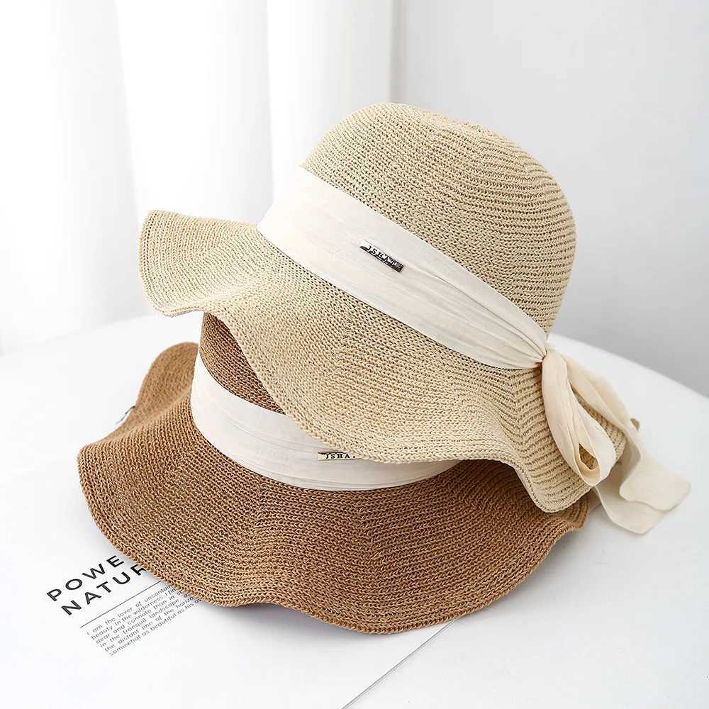 Womens Foldable Fisherman Sun Hat Breathable Sun Protection Wide Brim with Bow Ribbon Fashion Summer Beach Travel Korean Style Z250530