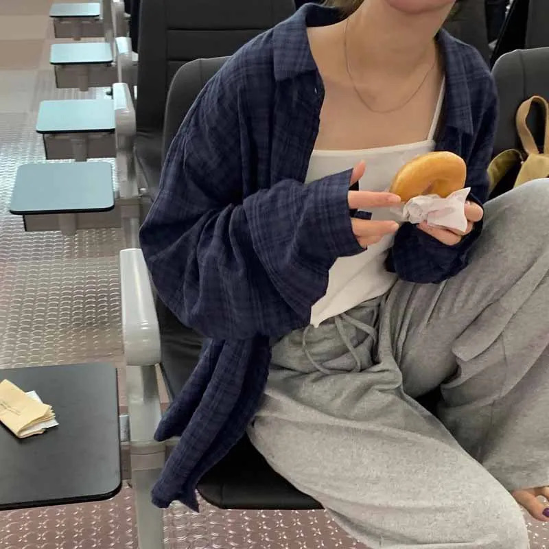 Retro Plaid Shirts For Women Spring Korean Womens Long Sleeve Loose Shirt Female Street Casual Oversized Button Top 250527