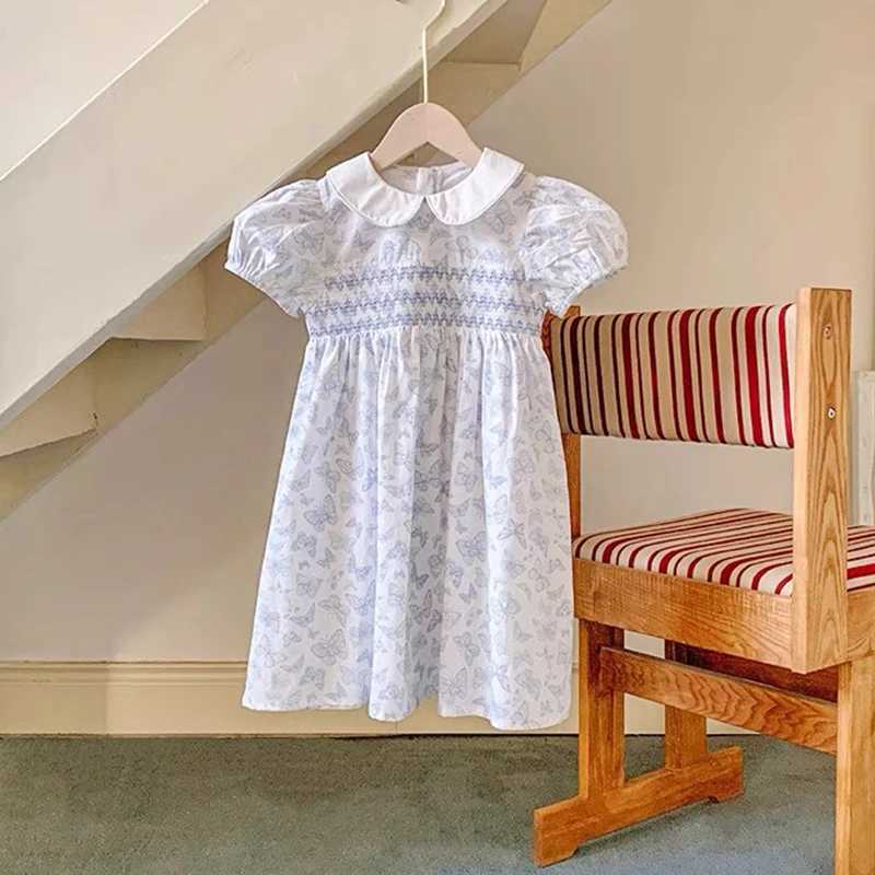 Baby Girls Princess Dresses New Summer Clothes Cotton Puff Sleeve Blue Butterfly Print Toddlers Vacation Kids Cotton Cute Dress R250530