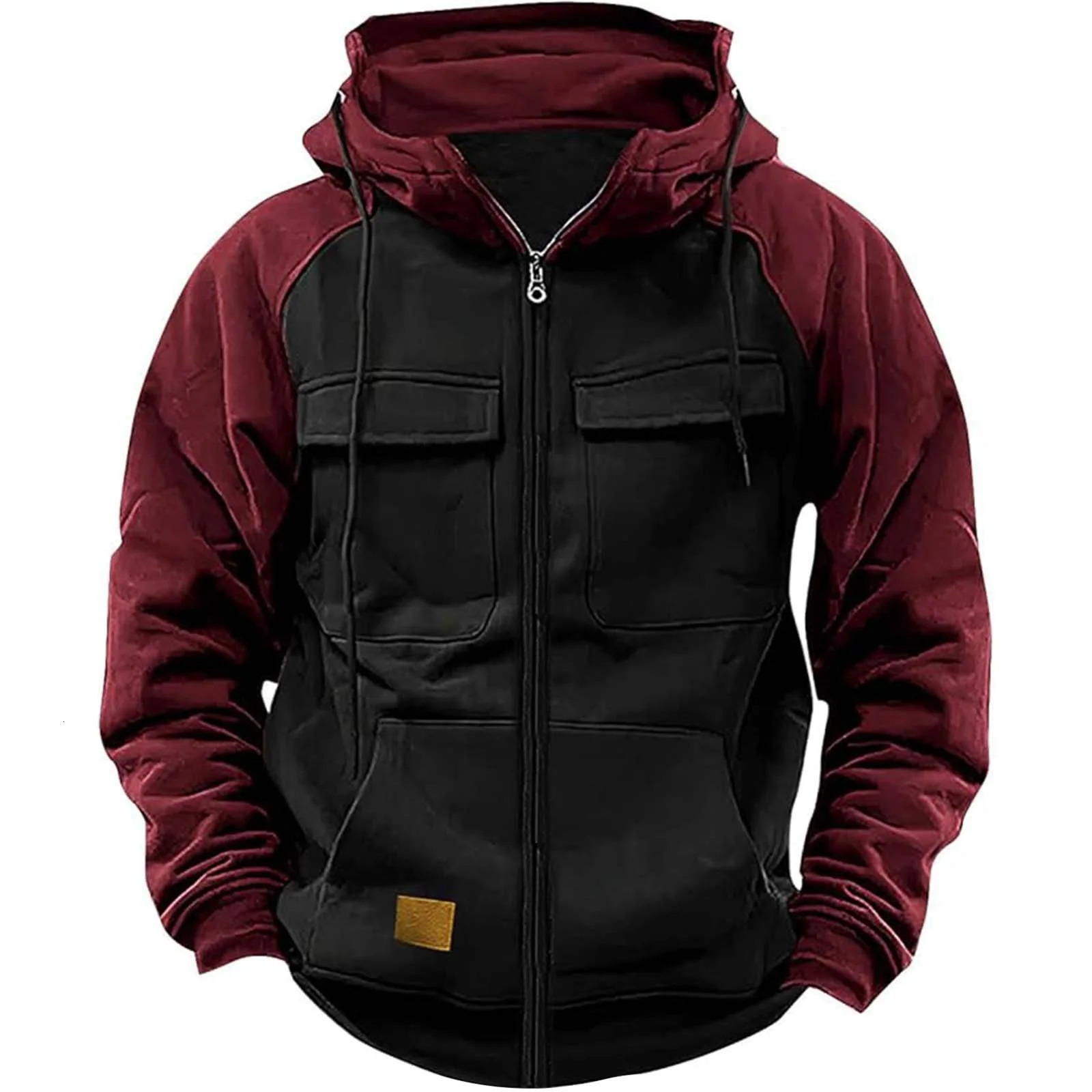 Autumn Winter Hoodies Men Zipper Patchwork Warm Fleece Sweatshirts Multi Pockets Male Fashion Hooded Jacket Thick Outdoor Hoodie 250527