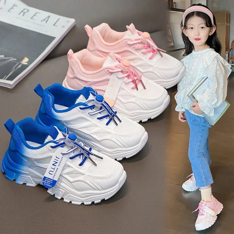 Girls Running Mesh Breathable Shoes Kids Soft Sole Non Slip Sports Shoes Boys Girls Lace Up Adjustable Button Comfort Sneakers 250527
