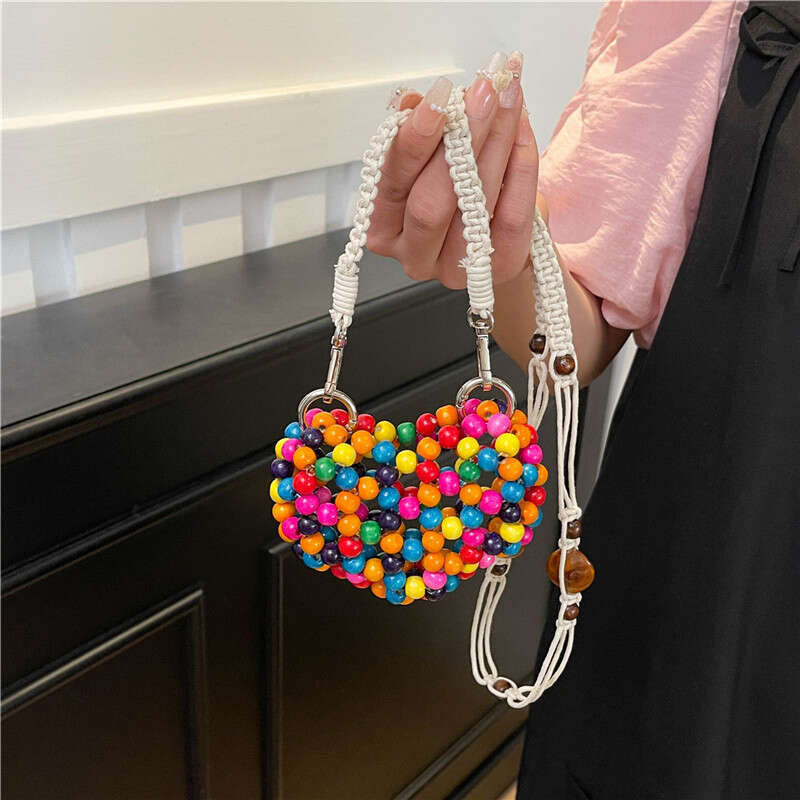 Summer Woven Small 2025 New Forest Style Sweet Girl Fashion Hollow Color Bead Single Shoulder Crossbody Heart Bag