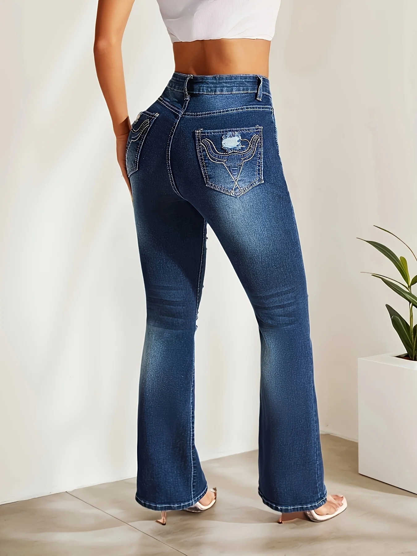 Womens jeans ed with holes old elastic blue retro style versatile denim pants clothing for all seasons 250530