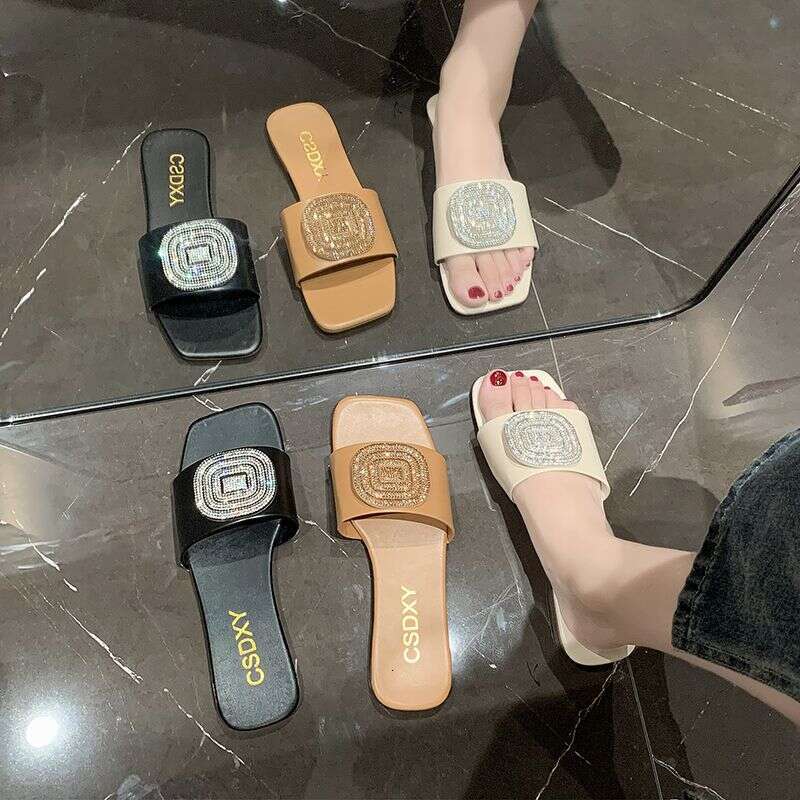 2025 Summer New Large Flat Flat Slippers For Women, Diamond Round Buckle, Open Toe, Square Head, Cool Dragging, Wholesale Designer Sandals, Free Shipp
