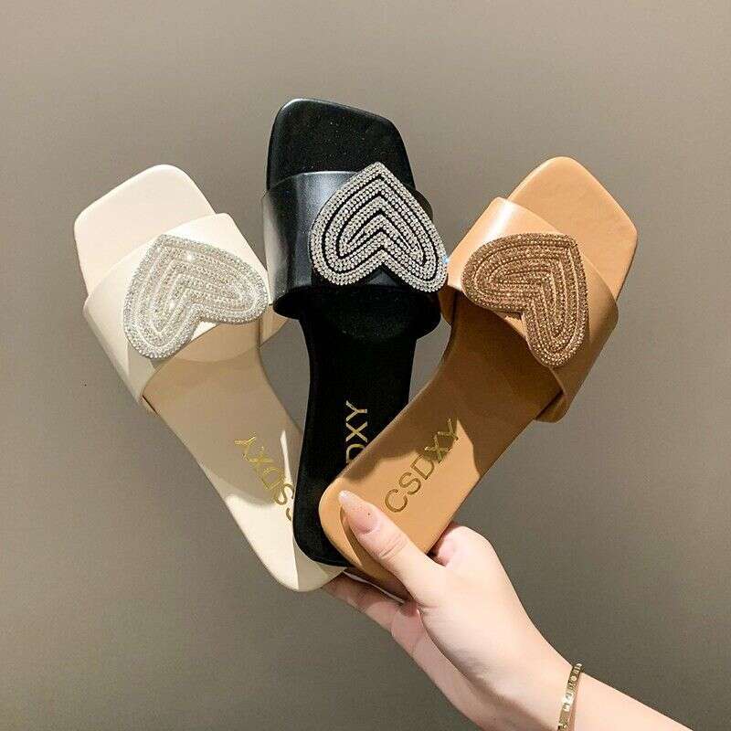 2025 Summer New Fashionable Outerwear Love Slippers For Women, Water Diamond Flat Bottom One Word Beach Sandals, Female Designer Sandals, Free Shippin