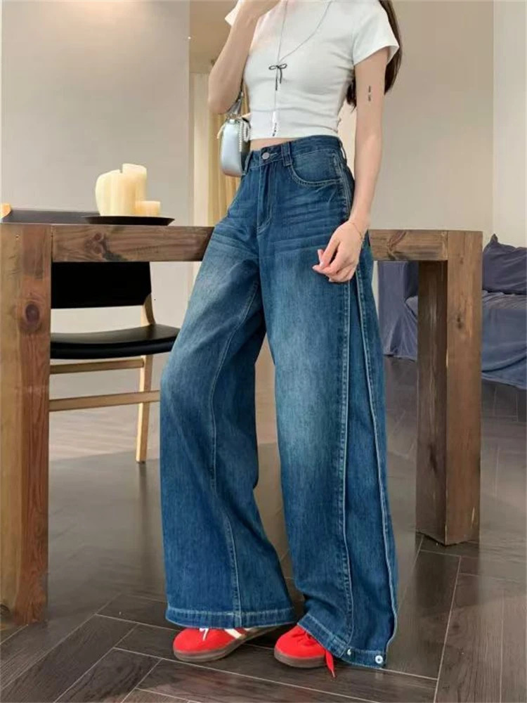 Womens Button n High Waisted Summer Blue Jeans Street Style Wide Legs Trousers Cool Girl Casual Bottoms Female Denim Pants 250530