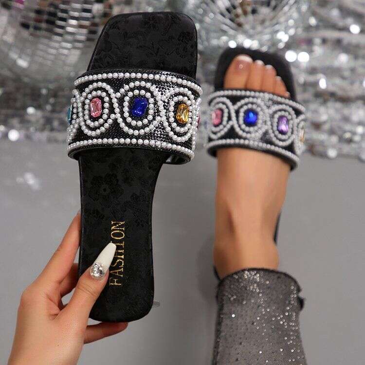2025 Spring Colorful Square Diamond With Pearl Slippers Designer Sandals Women's Flat Bottom Outerwear Fashion Beach Shoes Free Shipping Wholesal