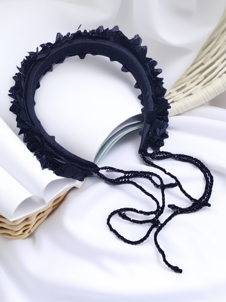 Black Lace High Crown Headband with Crystal Tassels - Elegant Fashion Accessory