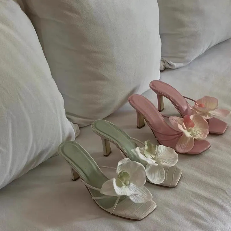 Mixed Colors wer Womens Slippers Pink Green Orchid Decor Square Toe 8CM High Heels Summer Sweet Hollow Party Female Shoes ashoesfactory