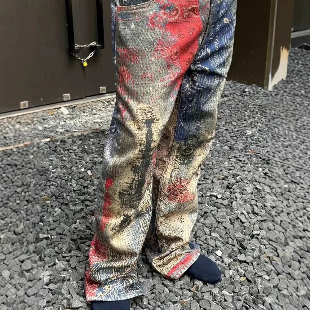 2025 Street Remastered 3D Digital Spray Cashew Flower Printed Straight Leg Cowboy Pants Boro Baggy Denim Tapered Jeans Men 250520Z