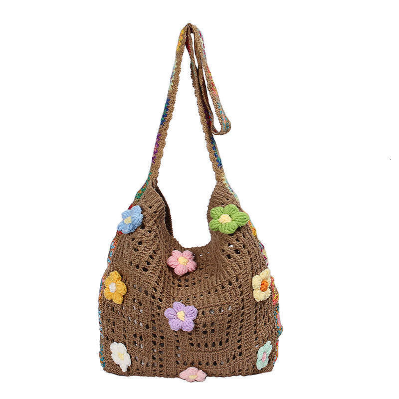 Women's Summer 2025 New Patchwork Knit Ethnic Style Literary Floral Shoulder Beach Bag