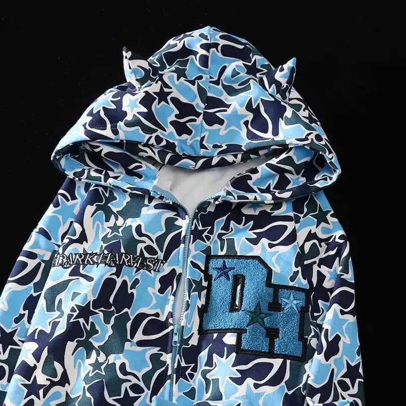 Harajuku Full Zip Camo Hoodies Top Corner Design Oversized Sweatshirt Men Women Jackets Streetwear Zip Up Hoodie Y2k Clothes W250530